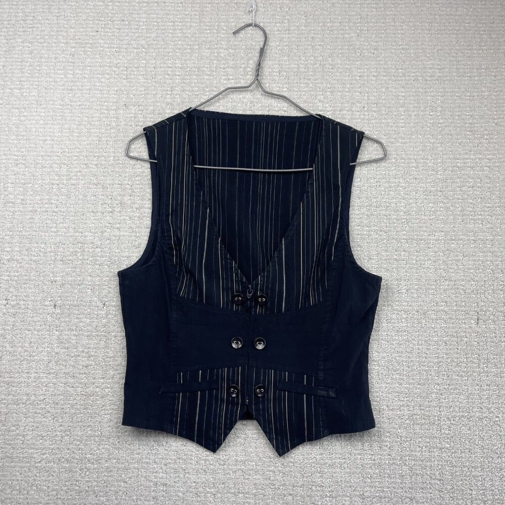 VTG Tailored Waistcoat Vest Dark Academia Steampunk Black Pin Stripe Wom Sz 6 - Picture 1 of 11
